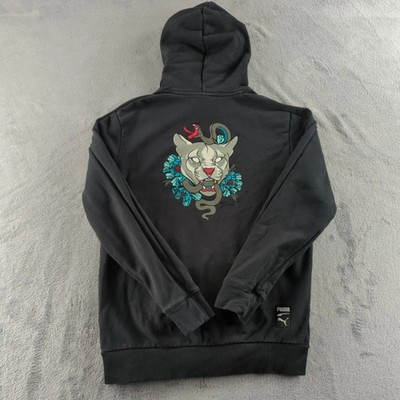 Puma Hoodie Mens Medium Black Snake Panther Flowers Graphic Streetwear 599921-01