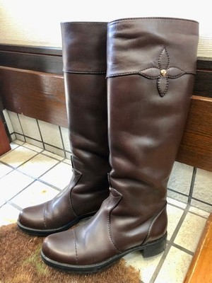 Louis Vuitton Monogram Flower Leather Long Boots Dark Brown 35.5 Italy 061016d