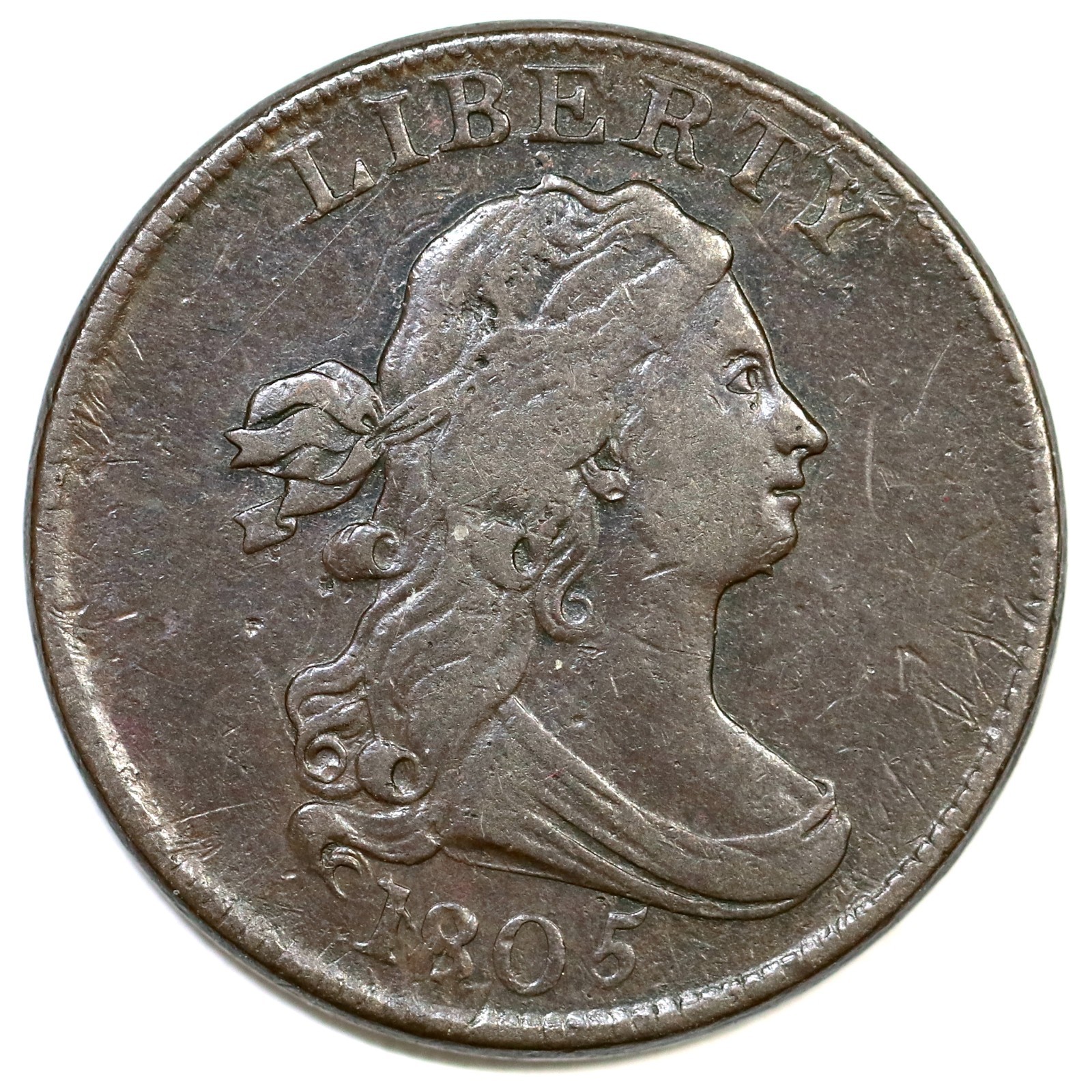 1805 C-4 R-2- Lg 5, Stems Draped Bust Half Cent Coin 1/2c