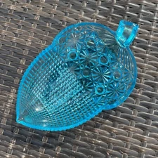 Antique 1880s Doyle and Company Blue Glass Crystal Acorn Pickle Dish Daisy Dot