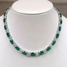 18Ct Oval Cut Lab-Created Emerald Diamond Tennis Necklace 14K White Gold Finish