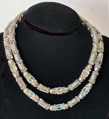 Vintage 1979 Neiman Marcus Necklace Two Strands Crystals and Silver Metal Beads
