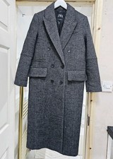 Zara Grey & Black Harringbone Pattern Wool Double Breasted Longline Coat Size XS