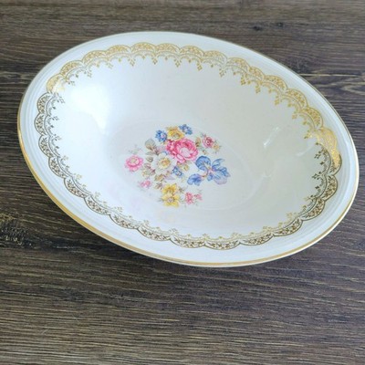 Edwin Knowles Priscilla 9'' Oval Serving Bowl, Gold Filigree Shabby Chic Floral