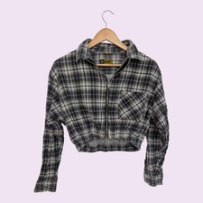 womens worker black grey checked cropped zip front jacket size large