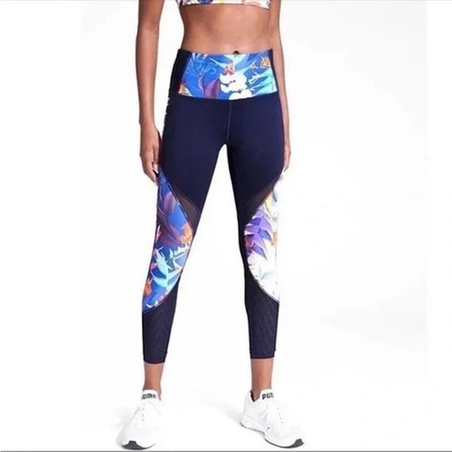 ATHLETA Tropical Precision Leggings Size Small Navy Blue Floral Mesh Panels Gym - Picture 3 of 23
