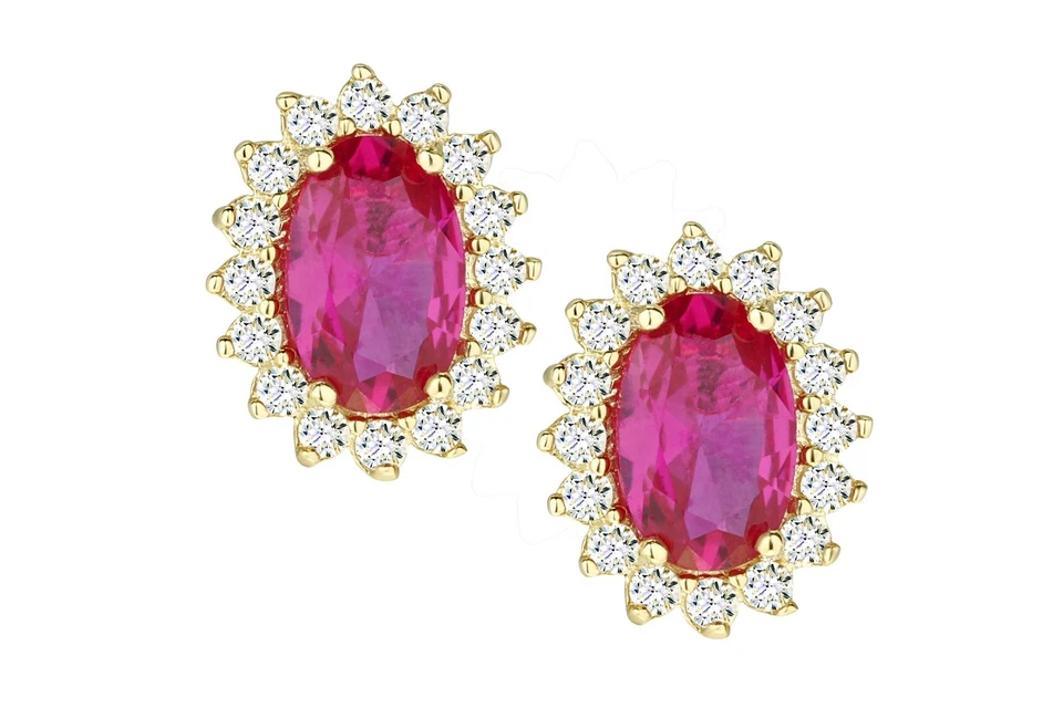 9ct Yellow Gold simulated RUBY & CZ Oval Cluster Stud Earrings - 9mm x 7mm - Image 3 of 4