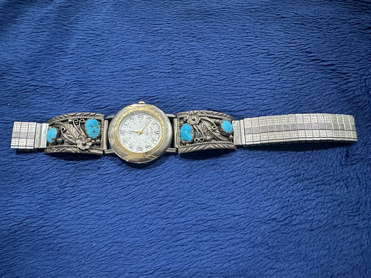 Vintage ORYX Sterling Silver & Turquoise Watch | Southwestern Floral Band Vintage Sterling Silver with Turquoise & Mother of Pearl  main image 3