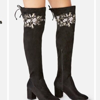 JUST FAB WOMEN'S BLACK BLOCK HEEL POINT TOE OVER THE KNEE BOOTS SIZE 