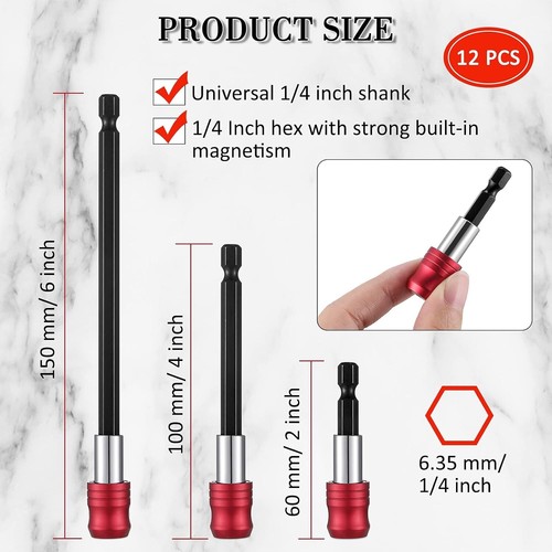 12 PCS Magnetic Drill Bit Extension Set - 1/4" Hex Shank, 3 Sizes (2.4", 4", 6")