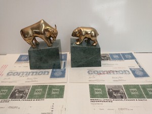 Wall Street Bear & Bull Brass/  Marble Bookends & Merrill Lynch Stk Certificates