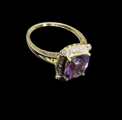EA 14k Yellow Gold Ring Square Cut Amethyst And Diamond Halo Top Size 10 Signed