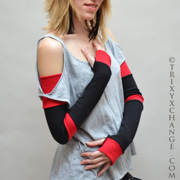 Long Striped Arm Warmers Black Red Cotton Gloves Patchwork Warm Elbow