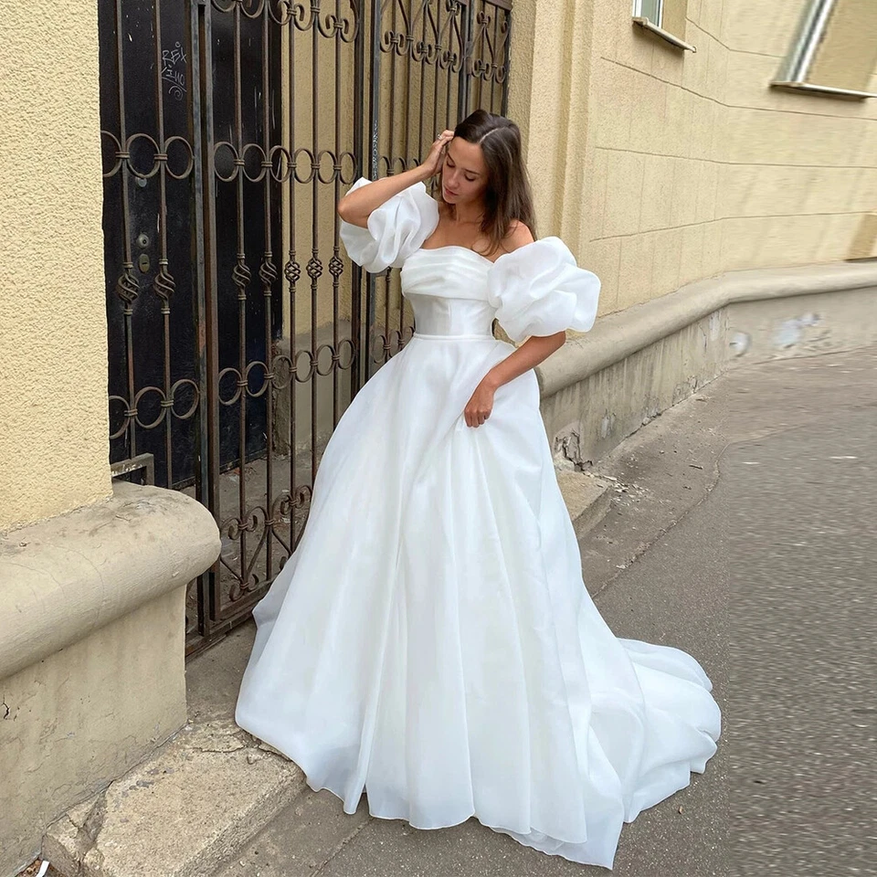 Princess Organza Wedding Dresses Puffy Sleeves White Ivory A Line Bridal Gowns - Image 3 of 4