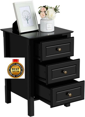 Elegant 3 Drawer Nightstand With Solid Pine Wood Legs Bedroom Furniture Black Ebay