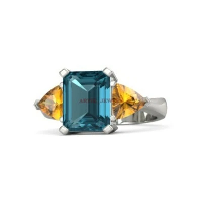 Natürlich London Blauer Topas & Citrin Edelstein Mit 925 Sterling Silber Ring # - Bild 1 von 3