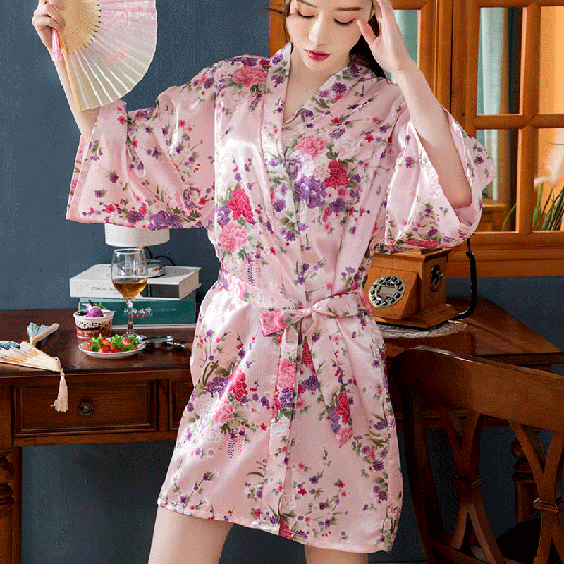 Femme Floral Satin Soyeux Kimono Pajams Peignoir Pyjama Taille Domestique Plage