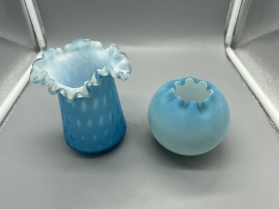 LOT OF 2 Fenton Inspired Ruffled Rims Vase Shape Blue Blown Glass USA