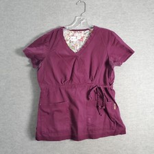 Koi Women Scrub Top Medium Purple Katelyn Mock-Wrap Pockets Drawstring READ