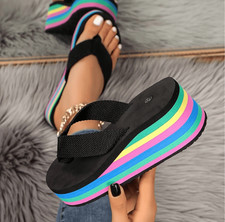 NWT Gorgeous 10-10.5 Black Rainbow 80 s Wedge Platform Comfy Flip Flop Sandals