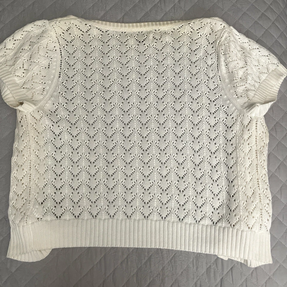 Cardigã Vintage Sonoma Creme Crochê Botão de Malha Manga Curta Tamanho Médio Boho - Imagem 4 de 4