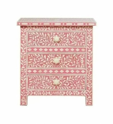 Pink Bone Inlay Bedside 3  Drawer Table Nightstand Side Table Wooden Handmade