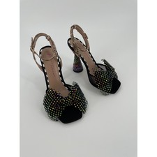Betsey Johnson Aisha Rhinestone Bow Heels Black Rainbow Ankle Strap Size 7 Glam