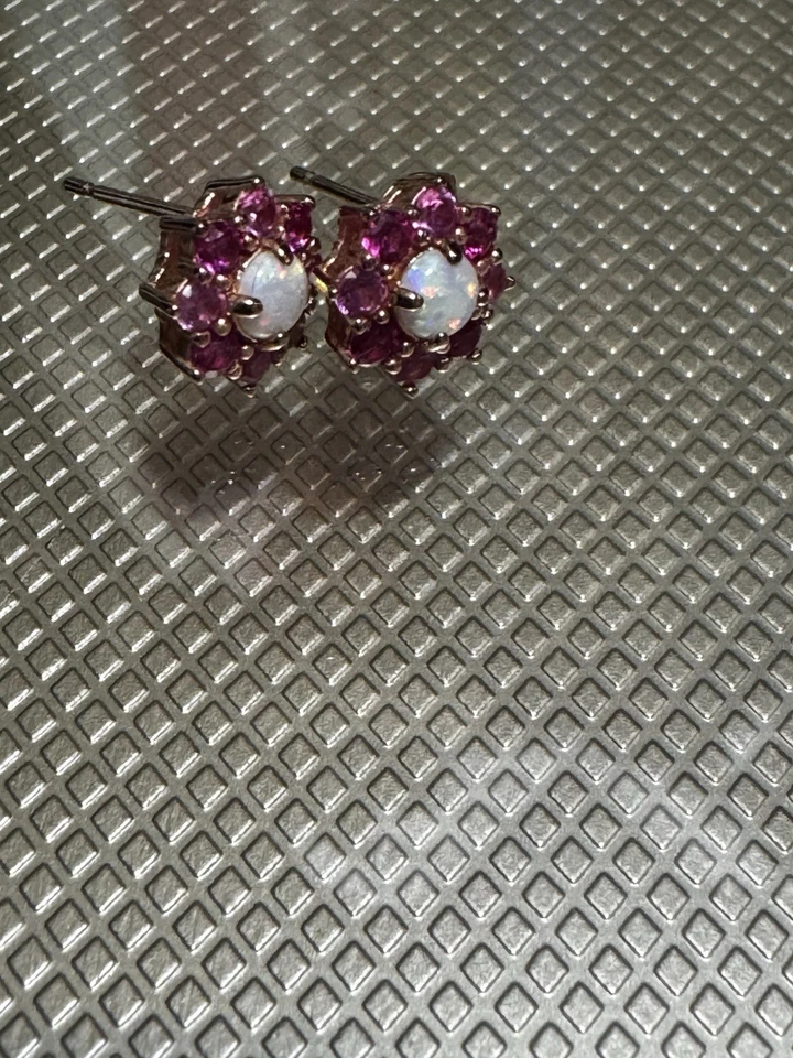 Round Cut Simulated Fire Opal Women's Flower Stud Earrings 14k Rose Gold Plated - Image 3 of 4