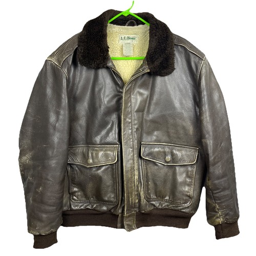 Vtg LL Bean Shearling Flight Jacket Mens Large Brown Leather Wool Pile Lined - Image 1