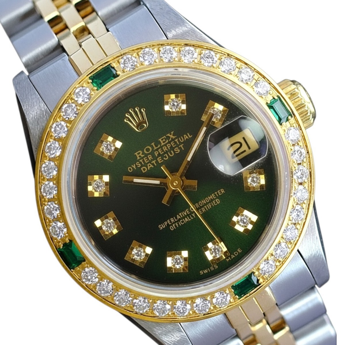 Rolex Datejust 69173 Two-Tone Green Dial Emerald Bezel 18KY SS