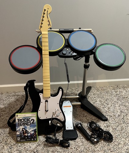Xbox 360 Rock Band 2 Wired Bundle w/ Drum Set, Guitar, Microphone, Game Tested