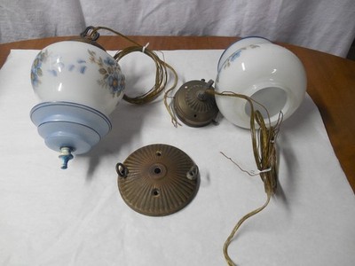 2x Vintage Milk Glass Blue White Floral Globe Pendant Ceiling Light Fixture Swag