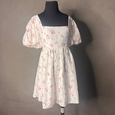 Altar'd State Floral Puff Sleeve Smocked Mini Dress White Pink Ditsy Floral Sz L