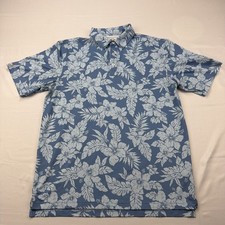 Straight Down Polo Shirt Mens LARGE Blue Floral Print Golf Performance