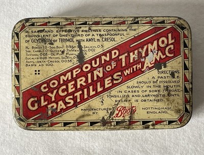Vintage Stiefel Chemiker Dose VERBINDUNG AUS GLYCERIN VON THYMOL PASTILLEN MIT AMC #754