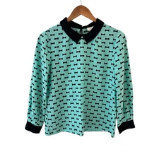 Kate Spade Bow Print Silk Top Womens Size M Peter Pan Collar Blouse Mint Green