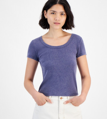 Hippie Rose Juniors Distressed Rib-Knit T-Shirt - Deep Cobalt - SIZE L NWT