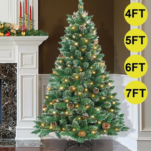4/5/6/7Ft Christmas Tree Snow Frosted Pine Cone Pre Lit LED Lights Xmas