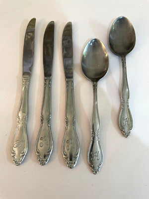 Vintage Set of 5 Customcraft Made Stainless Steel Flatware Monogram  H  Japan