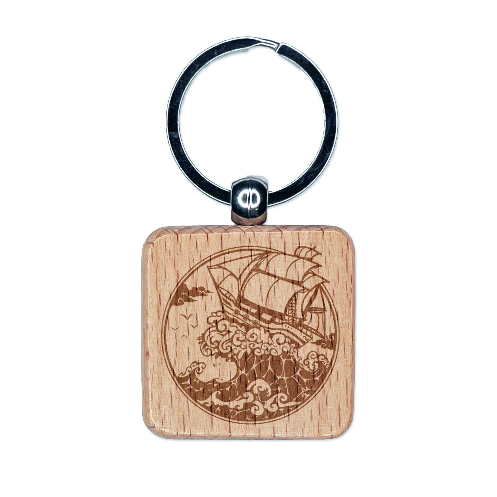 Fantasy Ship on Large Ocean Wave Engraved Wood Square Keychain Tag Charm