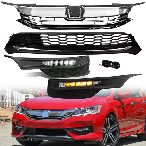 Front Bumper Upper & Lower Grille Set With LED Fog Lights – For 2016-2017 Honda Accord, 5pc, Honeycomb
