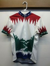 VGUC Vtg Performance Cycling Jersey Green Blue Mountain Scene USA Made Sz Medium