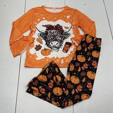 Youth Girls Orange Pumpkin Fall Printed Long Sleeve  Bell Bottoms Outfit 6-7