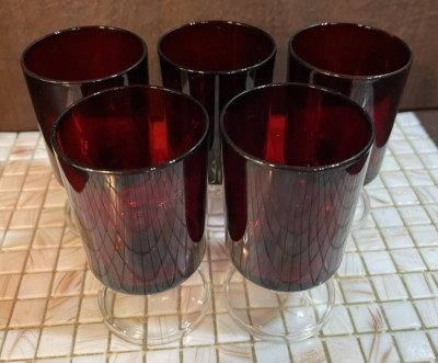 SET OF 5 Vintage Luminarc France Ruby Red Wine Glasses/Goblets~ 4.125'' Tall