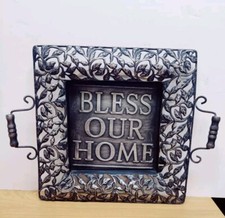 Wall Decor Sign Bless Our Home Metal Black Gray Handles 16"X12"X2 Square