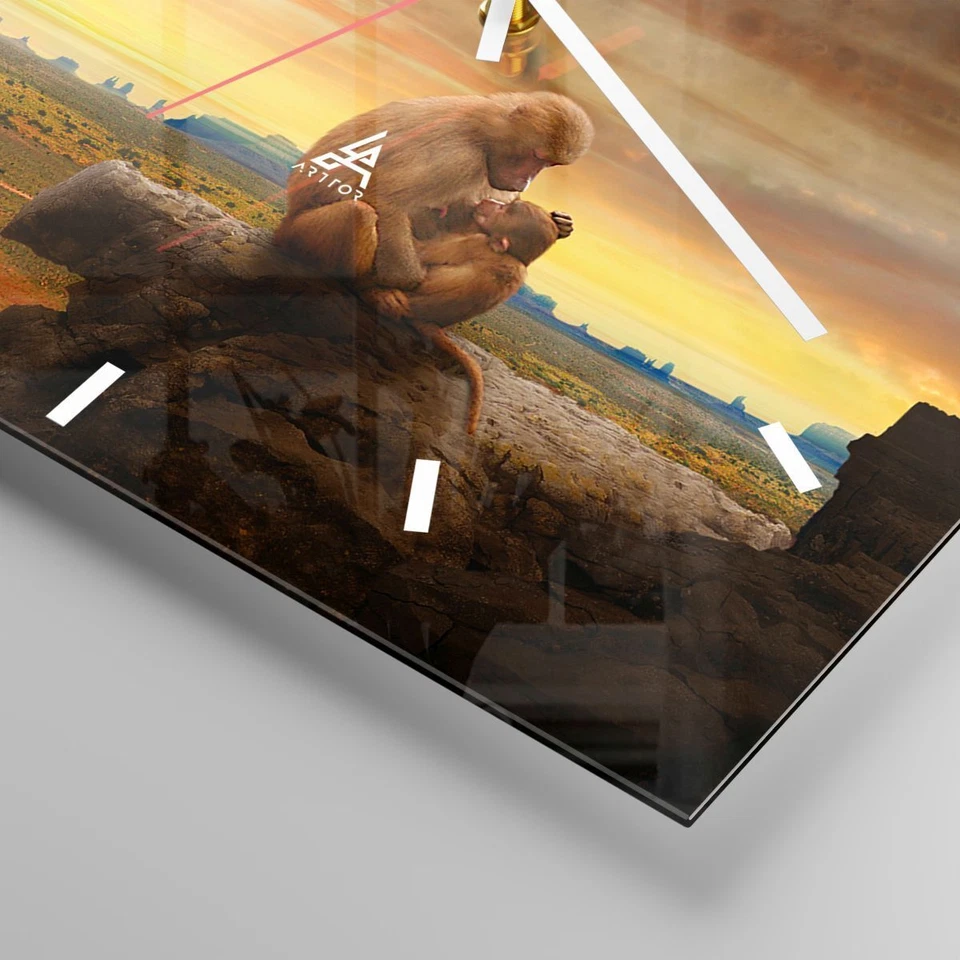 Modern Wanduhr 40x40cm Quadrat Analog Glasuhr Affen Mutter Natur Berg Art Glas - Bild 4 von 4