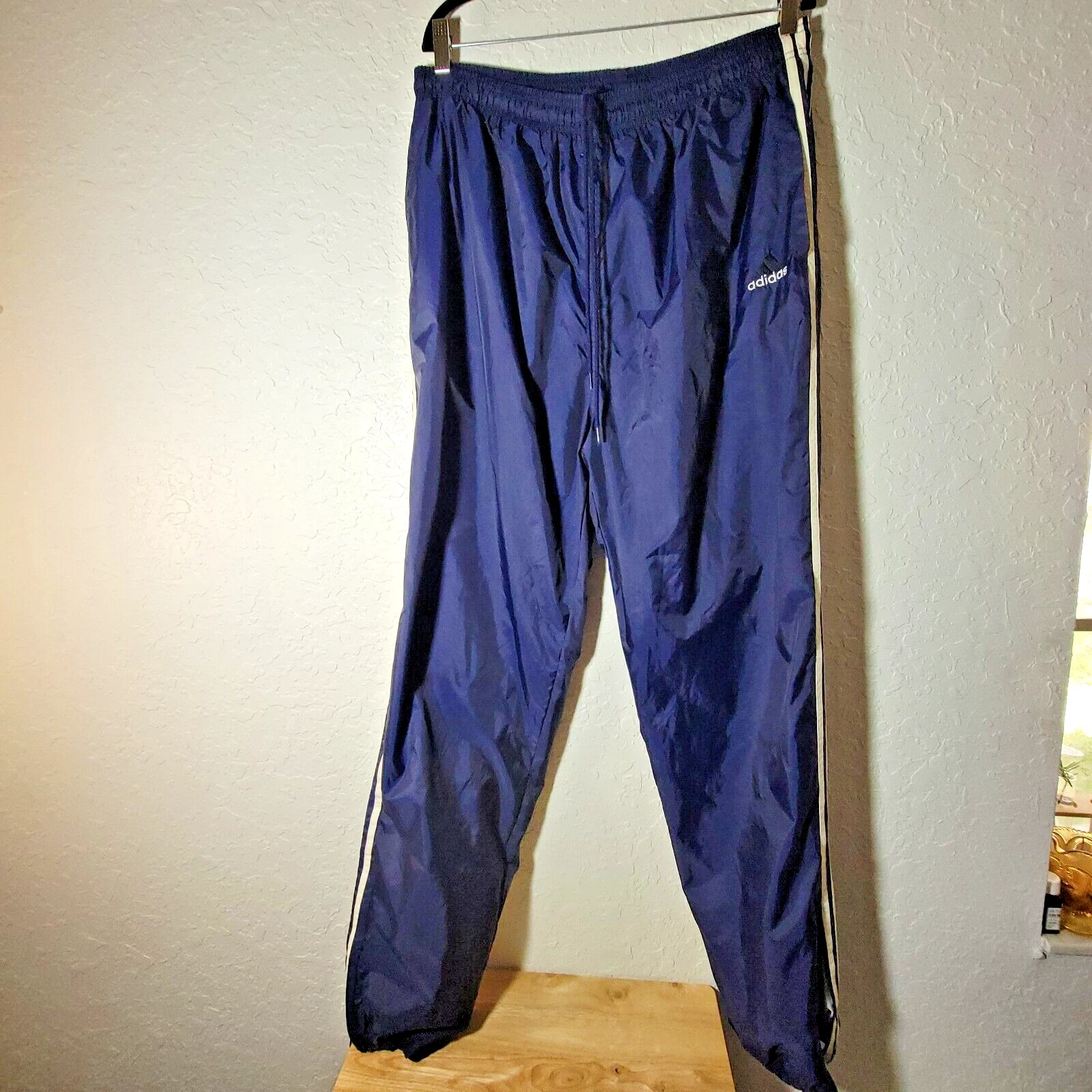 Men’s Vintage 90s Adidas Navy Three Stripe Lined Tear Away Windbreaker Pants XXL