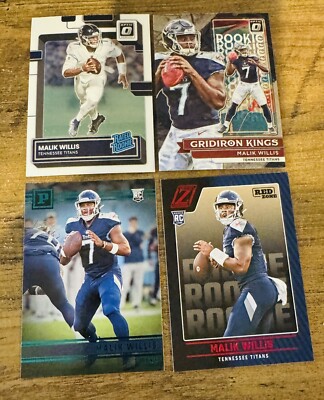 4 Card Lot MALIK WILLIS RC Optic, Gridiron Kings, Chronicles Blue, Zenith Red