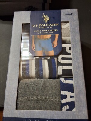 US Polo Assn 3 Pack Boxer Briefs SMALL ,NAVY, STRIPED ,GRAY BLUES COLLECTION NEW