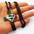Mens Stainless Steel Black Superman Cross Charms Pendant Necklace Chain 5MM 24''